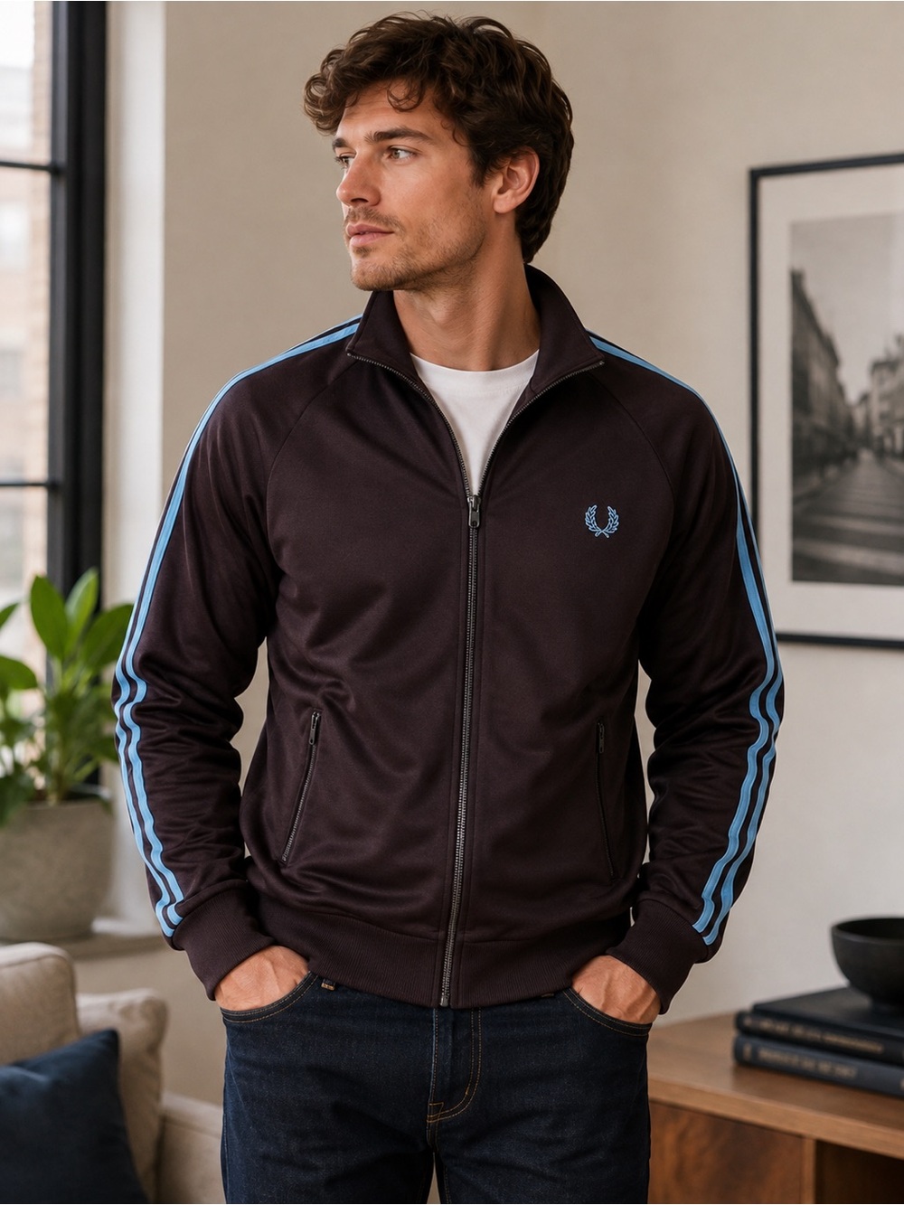 Men's Fred Perry Brown Track Jacket with Blue Stripes Men's XS